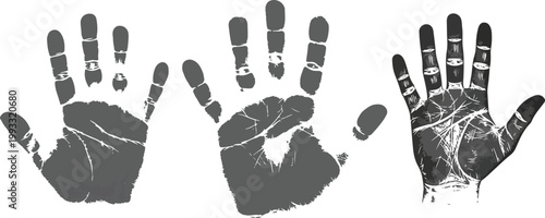 Three distressed handprint vector illustrations with textured details eps 10
