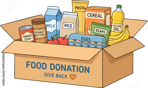Food Donation Box Give Back — Cardboard Box Full of Grocery Staples Including Rice Pasta Eggs Milk and Canned Goods Flat Style