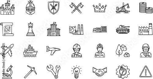 Black and white line art icons representing history, industry, and technology, including castles, helmets, axes, crowns, and tanks.