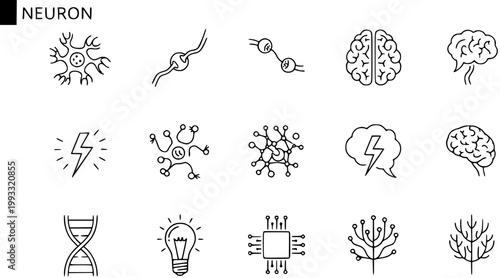 Neuroscience and Technology Line Art Icons Set: Brain, Neuron, AI, DNA, and Idea Symbols in Black  White Outline