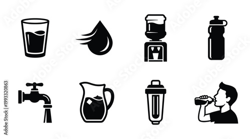 Collection of essential black vector icons showcasing water, drinking, and hydration. Perfect for health, wellness, environmental, or lifestyle-related designs. Simple, modern.