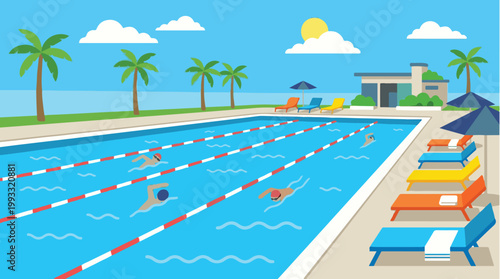 Outdoor swimming pool with multiple lanes, swimmers training, and lounge chairs under umbrellas in a sunny resort setting.