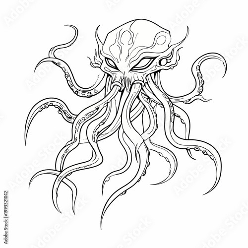 Cthulhu monster with many tentacles and sharp features is depicted in a detailed black and white line art style.