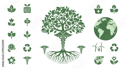Bilde på lerret Modern icons depicting a healthy planet and a flourishing leaf symbolize sustainable growth, well-being, and eco-friendly initiatives