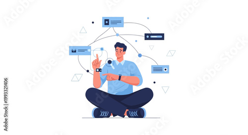 Man Meditating with Digital Connections, Futuristic Technology Concept