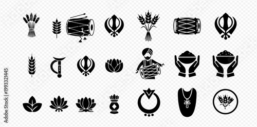 Set of Sikhism and Punjabi Culture Icons in Black and White.