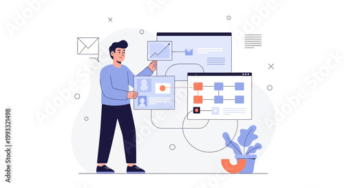 Man organizing business data flow and workflow charts on screens