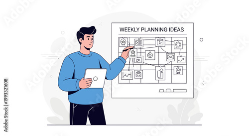 Man planning weekly ideas on a board with tablet, business strategy concept