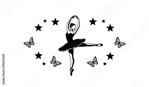 Stylized ballerina with decorative stars and butterflies frame black and white vector illustration