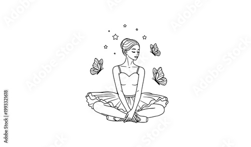 Seated ballerina with butterflies and stars black and white minimalist vector illustration