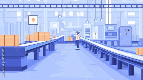 A stylized illustration depicting an industrial setting with a conveyor belt and worker