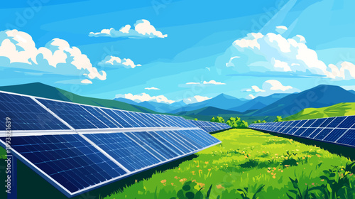 Cartoon-style illustration of a solar farm with green fields, mountains, and a bright blue sky