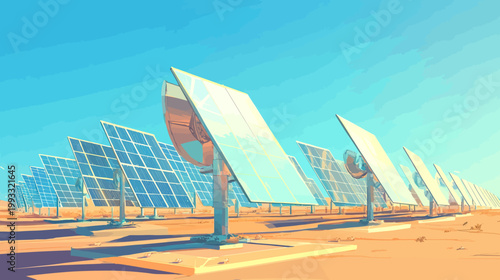 Pixelated artwork of solar panels angled towards the sun in a desert landscape with blue sky
