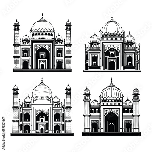 Architectural sketches of the taj mahal from different angles and styles Vector