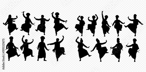 Collection of traditional Indian dancers performing various poses in silhouette.