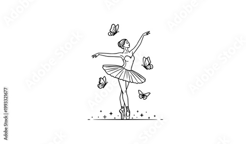 Arabesque ballerina with butterflies and stars black and white elegant vector line art