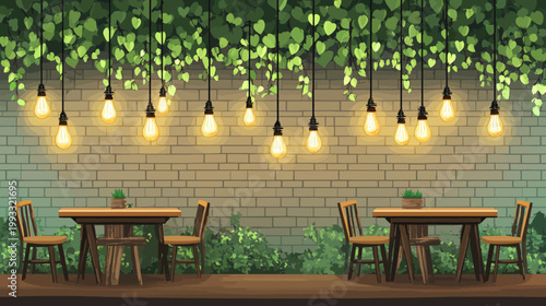 Illustration of a cafe with tables and chairs, illuminated by hanging light bulbs. A cozy scene