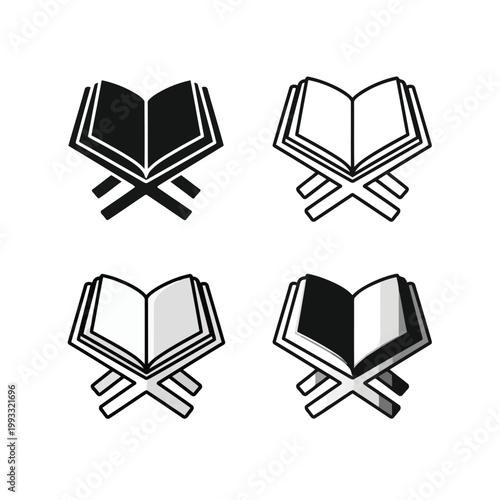 Four stylized illustrations of an open book on a wooden stand resembling a quran stand Vector