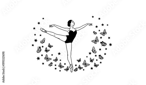 Graceful ballerina pose with scattered stars and butterflies black and white vector illustration