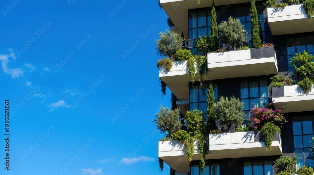Fototapeta premium Sustainable architecture concept, modern apartment balconies with lush green trees and plants. Urban ecology and eco-friendly building design for green living.