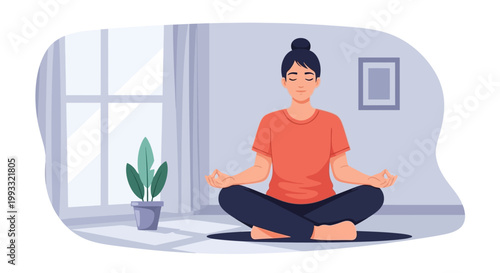 Young woman meditating in lotus pose with eyes closed.