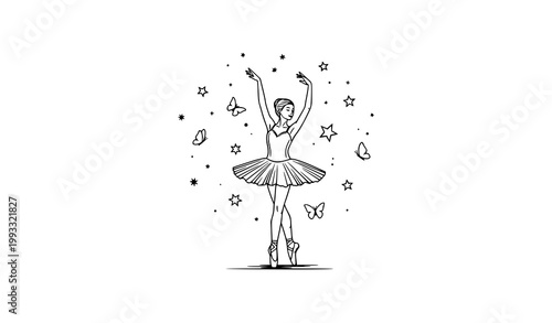 Elegant ballerina dancing en pointe with stars and butterflies black and white vector line art illustration