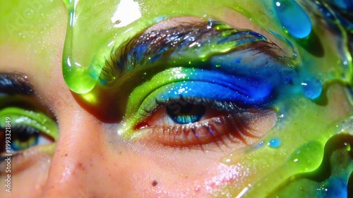 Macro Beauty Portrait with Neon Lime and Electric Blue Translucent Gel. Glossy Editorial Animation Concept