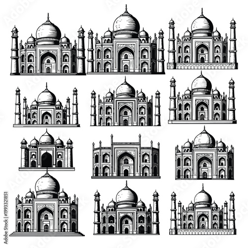 Varied artistic interpretations of the taj mahal architectural design in monochrome Vector