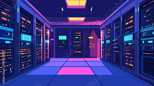 Illustration of a data center corridor in retro-futuristic style with server racks