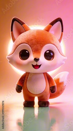 Cute plush fox toy with large eyes and soft fur stands in front of a glowing circular light, showcasing its adorable features and vibrant colors in a playful setting