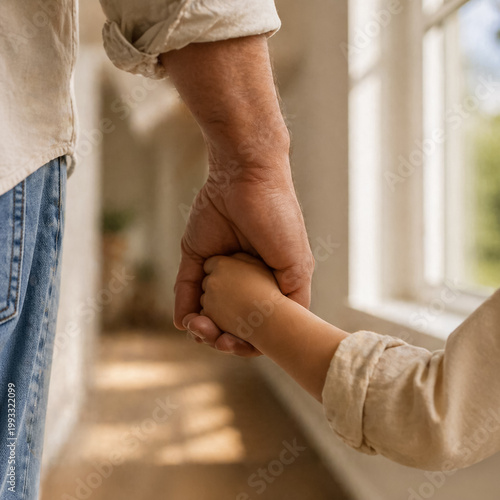 Close-up of father gently holding child's hand near a window, soft natural light, warm tones, emotional and intimate family moment, minimalist composition, no faces visible.