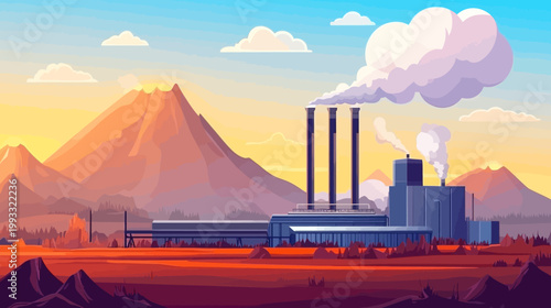 A stylized industrial landscape with mountains, factory, and clouds under a blue and golden sky