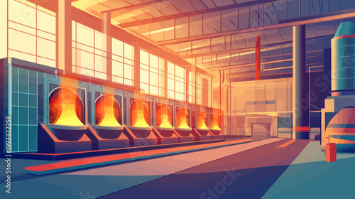 Pixelated artwork depicts an industrial interior with furnace-like structures emitting intense orange light