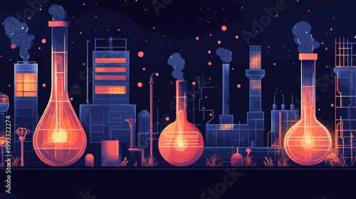 A stylized illustration of an industrial complex at night, with glowing glassware
