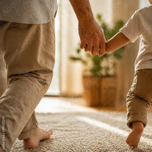 Close-up of father holding child’s hand while walking indoors, warm natural window light, cozy home environment, emotional and protective family moment, no faces visible.