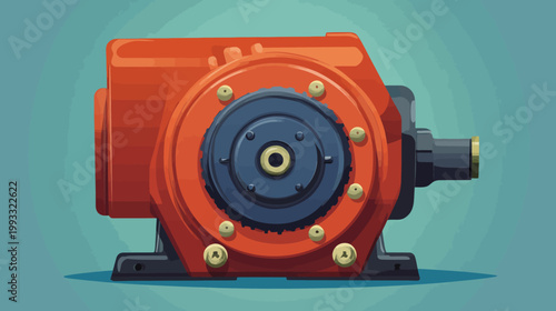A stylized illustration of a mechanical apparatus, a red and gray machine with bolts, on a blue-green backdrop