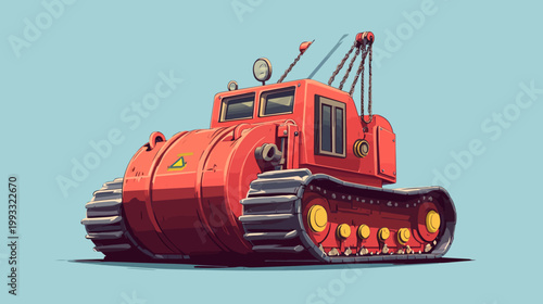 A stylized cartoon depiction of a tracked, red construction vehicle with a crane against a light blue backdrop