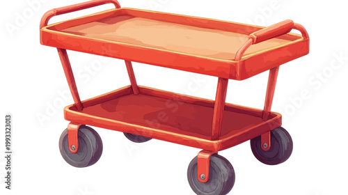 A stylized illustration of a red service cart with two levels and small wheels, isolated on white
