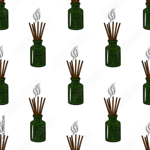 Seamless vector pattern of green glass diffuser bottles with incense sticks and aromatic smoke