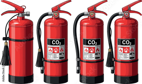 CO2 Fire Extinguisher Set with Industrial Safety Equipment Portable Emergency Protection Tools for Home and Workplace Vector Illustration