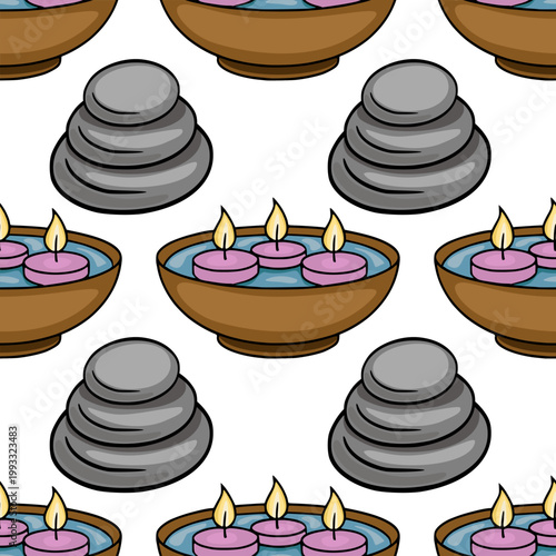 Seamless vector pattern of stacked spa stones and floating candles in bowls, representing tranquility and relaxation.