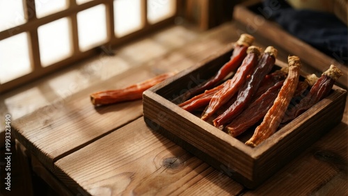 Dried red ginseng roots displayed in a wooden box on a rustic table near a window