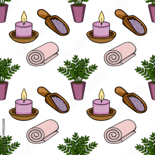 Relaxing spa vector pattern with candles, rolled towels, plants, and bath salts