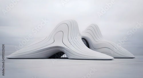 Fluid wave like architectural form with soft curves resembling a frozen motion in a clean environment.