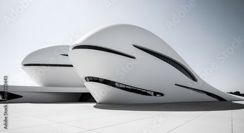 Streamlined futuristic building with flowing curves and layered surfaces in a clean minimal setting.
