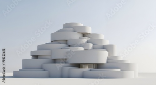 Stacked rounded modules forming a pyramid like structure in a minimalist architectural composition.

