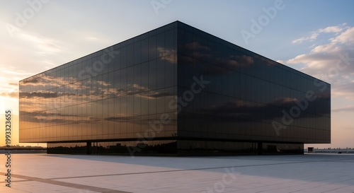 Dark reflective cube building mirroring the sky and surroundings in a dramatic modern composition.
