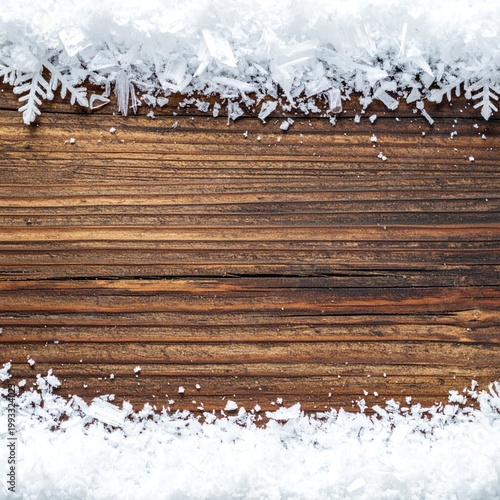 Wooden surface bordered by snowflakes and frost, creating a rustic, winter-themed design