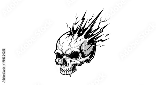 Detailed skull illustration with lightning bolts on white background graphic design