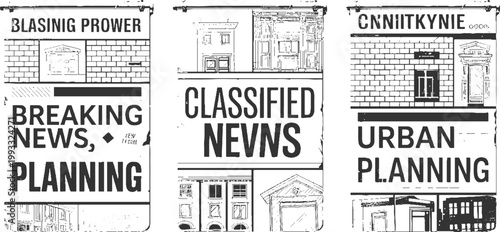 Newspaper headlines breaking news classifieds urban planning with architectural